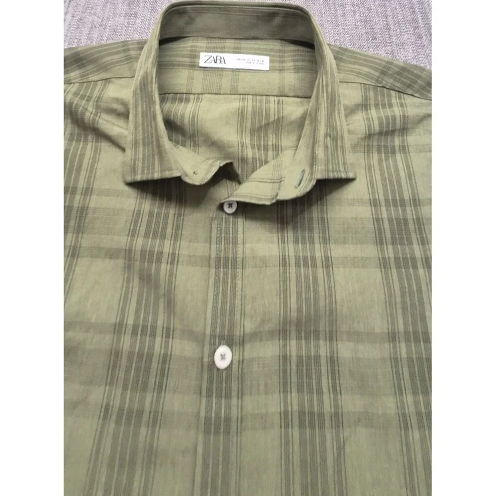 Zara men's‎ green plaid long sleeve button up shirt XL stretch classic